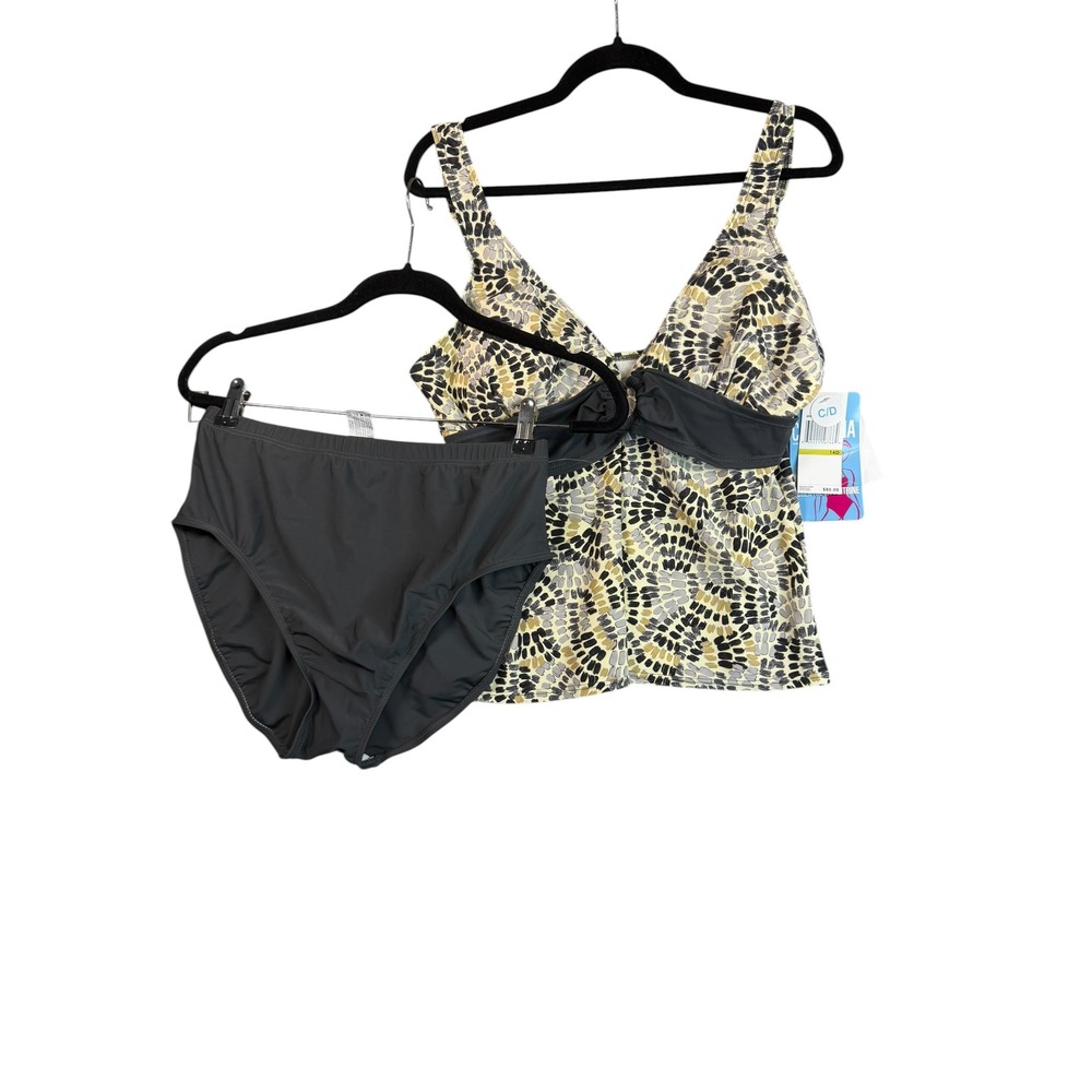 Christina Womens 14D Tankini Swimsuit Set Abstract Print C/D Cup Grey Yellow NEW
